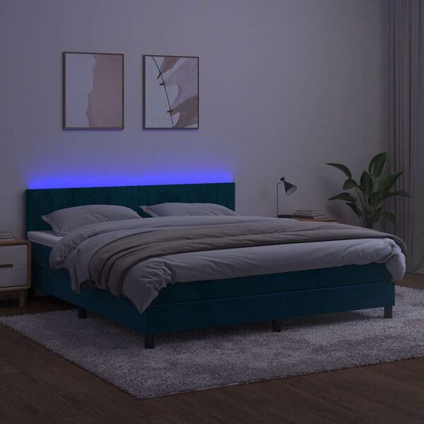 vidaXL Box spring postel s matrac&iacute; a LED tmavě modr&aacute; 160x200 cm samet