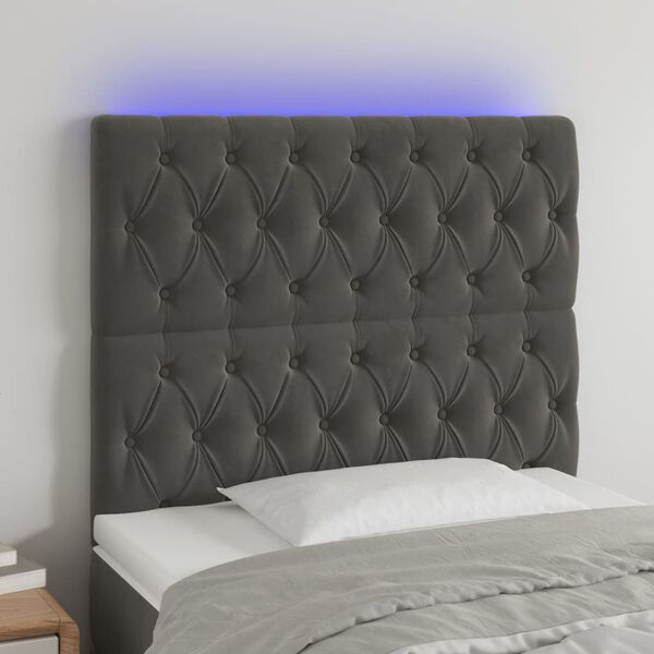 vidaXL Čelo postele s LED tmavě &scaron;ed&eacute; 90x7x118/128 cm samet