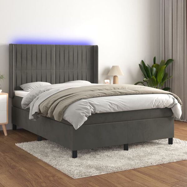 vidaXL Box spring postel s matrac&iacute; a LED tmavě &scaron;ed&aacute; 140x190 cm samet