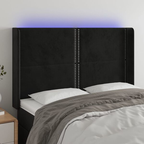 vidaXL Čelo postele s LED čern&eacute; 147 x 16 x 118/128 cm samet