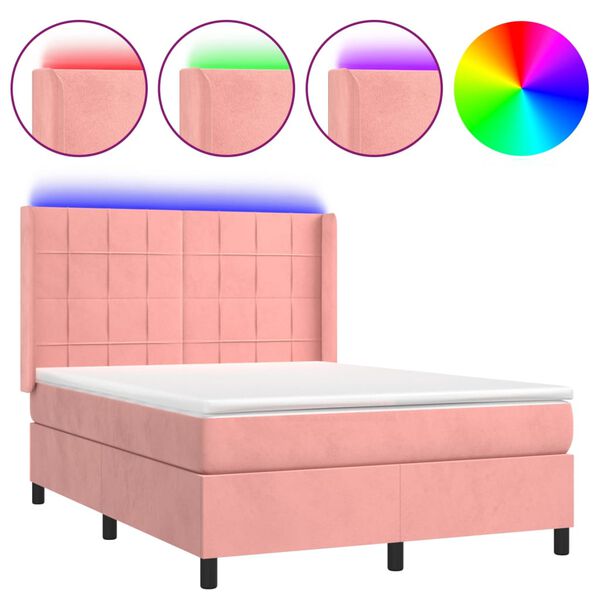 vidaXL Box spring postel s matrac&iacute; a LED růžov&aacute; 140x190 cm samet