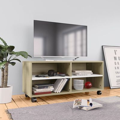 vidaXL TV stolek s kolečky bílý a dub sonoma 90x35x35 cm dřevotříska