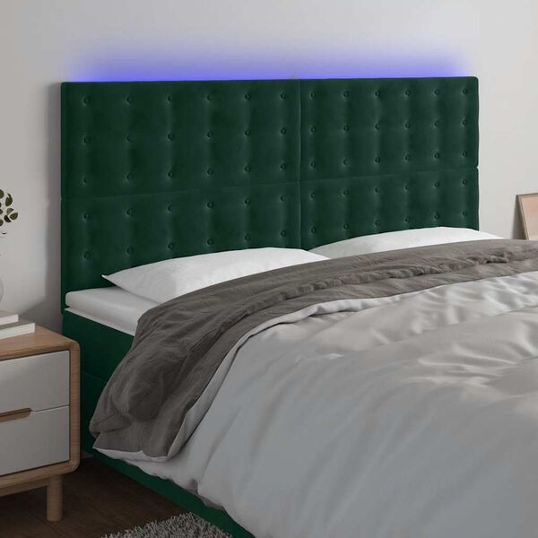 vidaXL Čelo postele s LED tmavě zelen&eacute; 200x5x118/128 cm samet