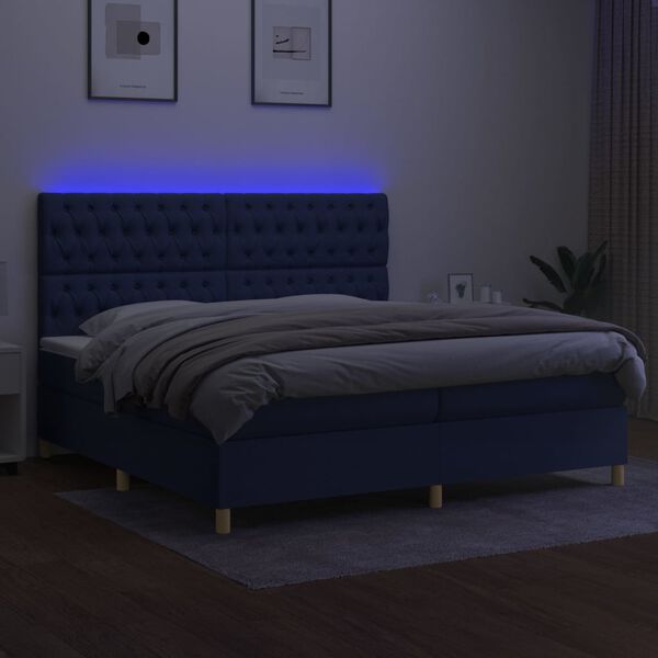 vidaXL Box spring postel s matrac&iacute; a LED modr&aacute; 200x200 cm textil