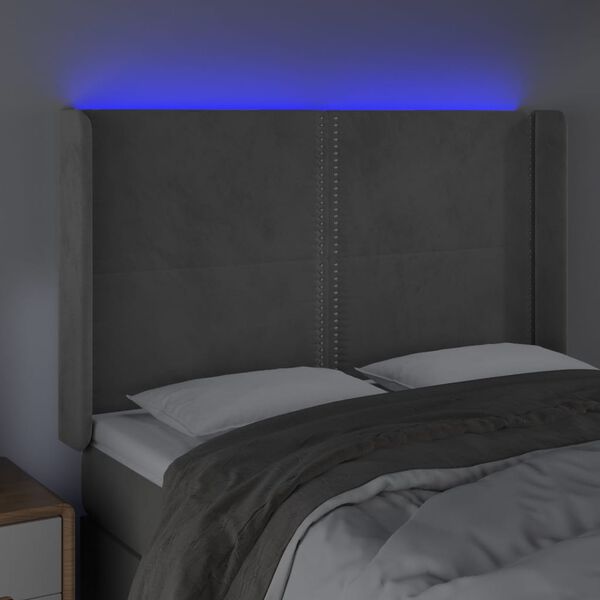 vidaXL Čelo postele s LED světle &scaron;ed&eacute; 147x16x118/128 cm samet