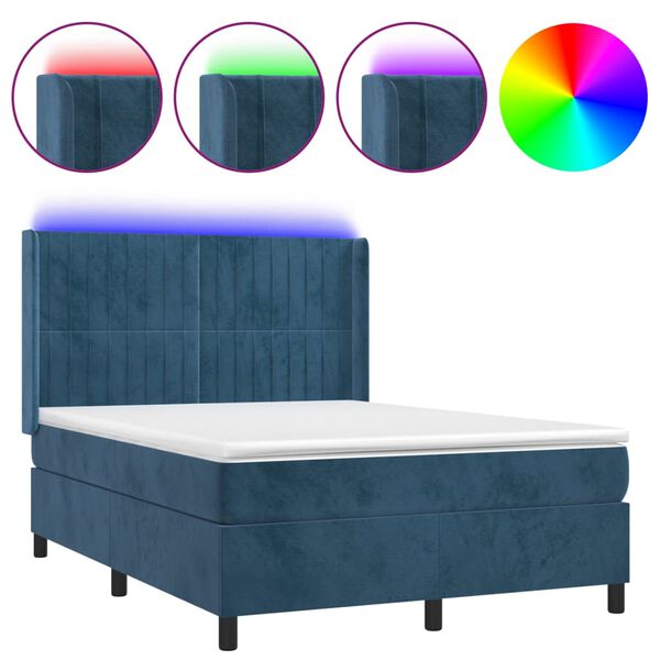 vidaXL Box spring postel s matrac&iacute; a LED tmavě modr&aacute; 140x200 cm samet