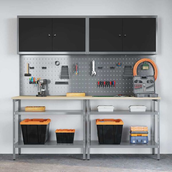 vidaXL Sada pracovního stolu s policí s úložištěm 8 pcs Šedá Ocel
