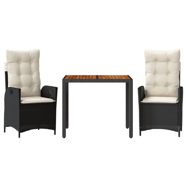 vidaXL 3dílný zahradní jídelní set s poduškami černý polyratan