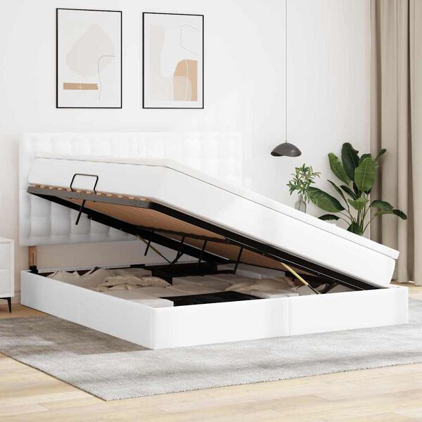 vidaXL Postel s &uacute;ložn&yacute;m prostorem a LED osvětlen&iacute;m s čelo &Uacute;plně b&iacute;l&aacute;