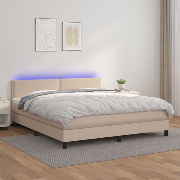 vidaXL Box spring postel matrace a LED cappuccino 180x200cm uměl&aacute; kůže