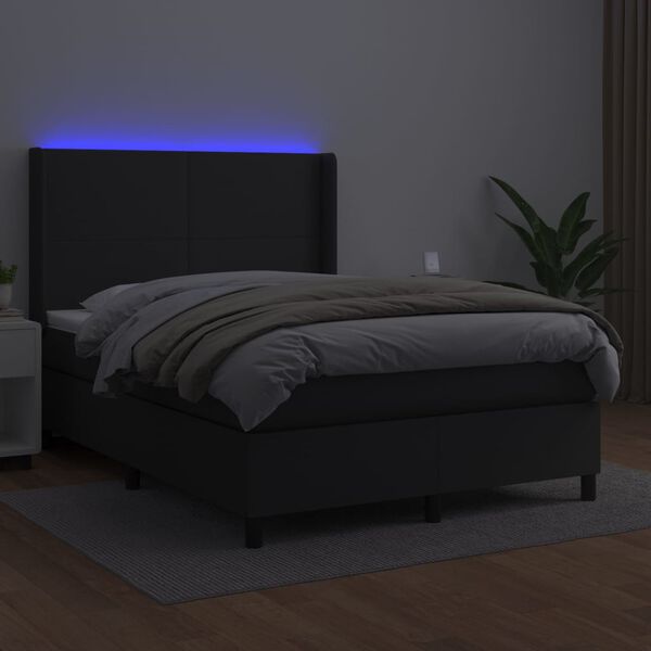 vidaXL Box spring postel s matrac&iacute; a LED čern&aacute; 140 x 190 cm uměl&aacute; kůže