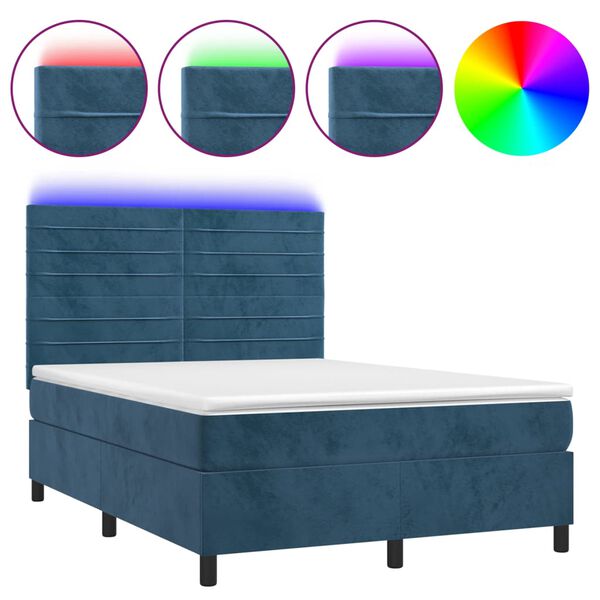vidaXL Box spring postel s matrac&iacute; a LED tmavě modr&aacute; 140x200 cm samet