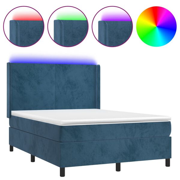 vidaXL Box spring postel s matrac&iacute; a LED tmavě modr&aacute; 140x200 cm samet