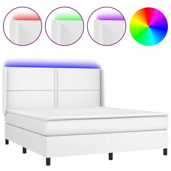 vidaXL Box spring postel s matrac&iacute; a LED b&iacute;l&aacute; 180x200 cm uměl&aacute; kůže