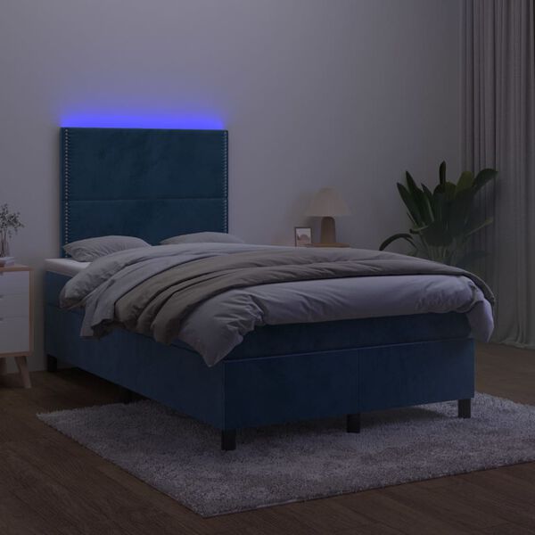 vidaXL Box spring postel s matrac&iacute; a LED tmavě modr&aacute; 120x200 cm samet