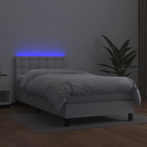 vidaXL Box spring postel s matrac&iacute; a LED b&iacute;l&aacute; 90x200 cm uměl&aacute; kůže