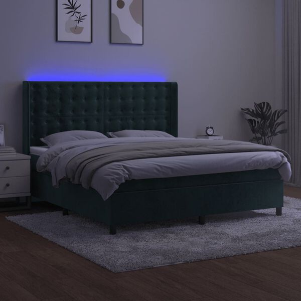 vidaXL Box spring postel s matrac&iacute; a LED tmavě zelen&aacute; 180x200 cm samet