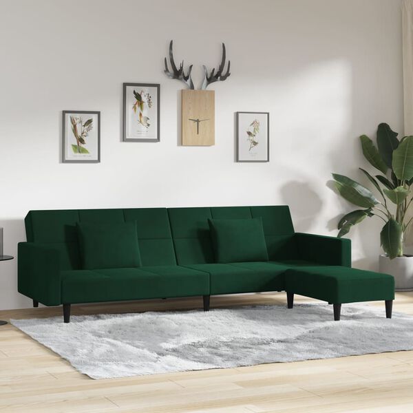 vidaXL 2m&iacute;stn&aacute; rozkl&aacute;dac&iacute; pohovka 2 pol&scaron;t&aacute;ře a podnožka tmavě zelen&aacute;