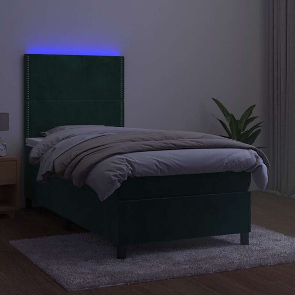 vidaXL Box spring postel s matrac&iacute; a LED tmavě zelen&aacute; 90x200 cm samet