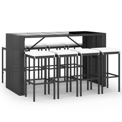 vidaXL 9dílný zahradní barový set s poduškami černý polyratan
