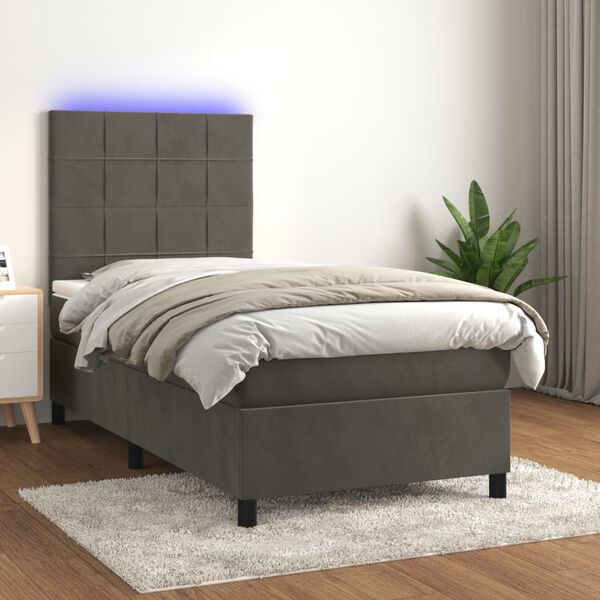 vidaXL Box spring postel s matrac&iacute; a LED tmavě &scaron;ed&aacute; 90x190 cm samet