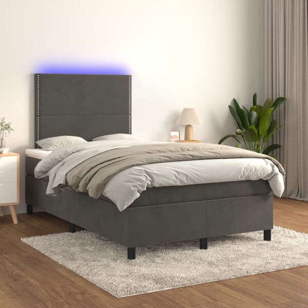 vidaXL Box spring postel s matrac&iacute; a LED tmavě &scaron;ed&aacute; 120x200 cm samet