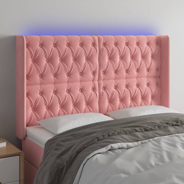 vidaXL Čelo postele s LED růžov&eacute; 163 x 16 x 118/128 cm samet