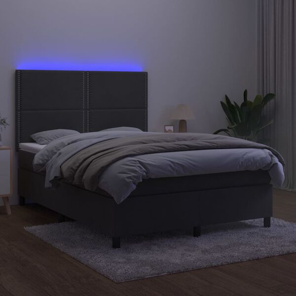 vidaXL Box spring postel s matrac&iacute; a LED tmavě &scaron;ed&aacute; 140x190 cm samet