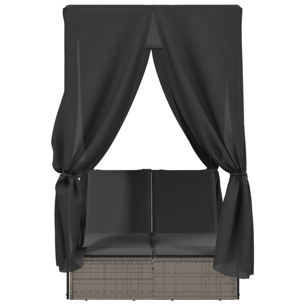 vidaXL Dvojité lehátko se střechou a závěsy šedé polyratan