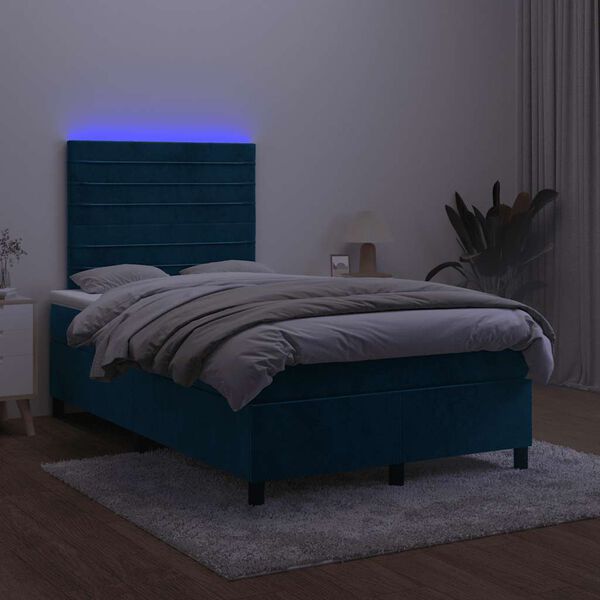 vidaXL Box spring postel s matrac&iacute; a LED tmavě modr&aacute; 120x200 cm samet