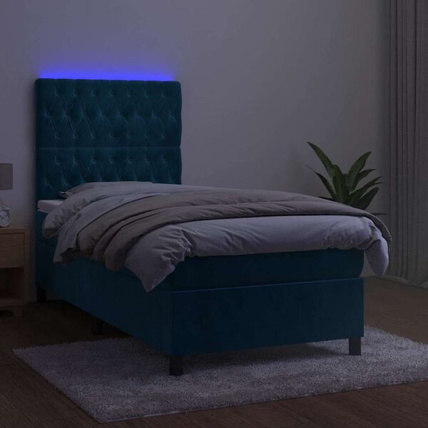 vidaXL Box spring postel s matrac&iacute; a LED tmavě modr&aacute; 90x190 cm samet