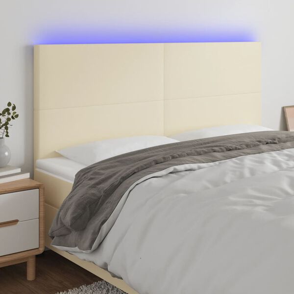 vidaXL Čelo postele s LED kr&eacute;mov&eacute; 200x5x118/128 cm uměl&aacute; kůže