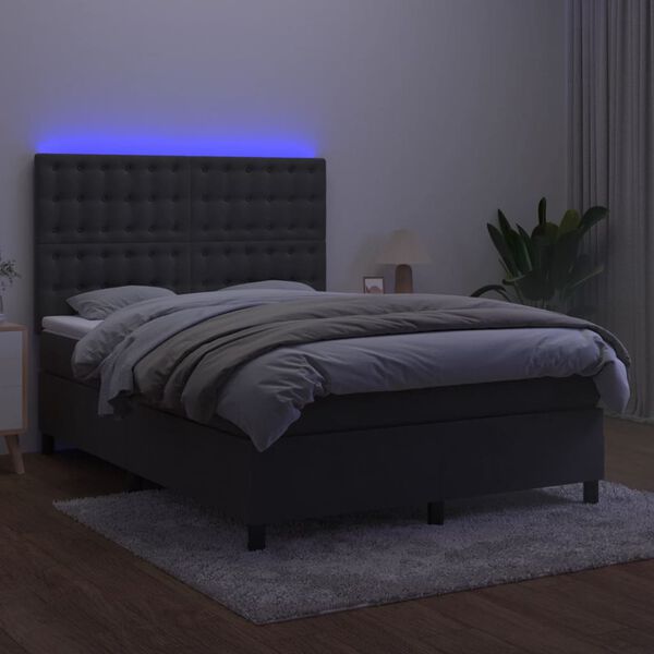 vidaXL Box spring postel s matrac&iacute; a LED tmavě &scaron;ed&aacute; 140x200 cm samet