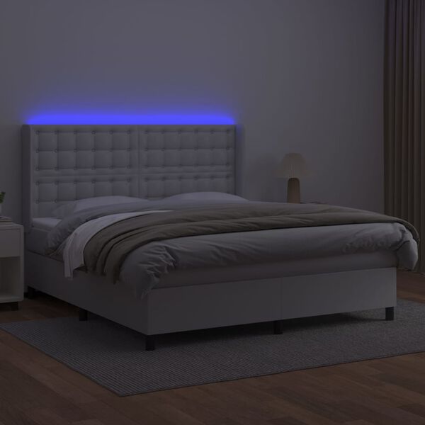 vidaXL Box spring postel s matrac&iacute; a LED b&iacute;l&aacute; 180x200 cm uměl&aacute; kůže