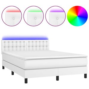 vidaXL Box spring postel s matrac&iacute; a LED b&iacute;l&aacute; 140x200 cm uměl&aacute; kůže