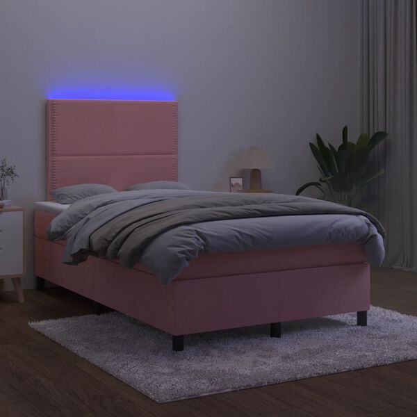 vidaXL Box spring postel s matrac&iacute; a LED růžov&aacute; 120 x 190 cm samet
