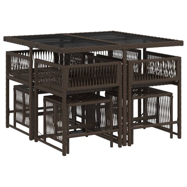 vidaXL 9d&iacute;ln&yacute; zahradn&iacute; j&iacute;deln&iacute; set s podu&scaron;kami hněd&yacute; polyratan