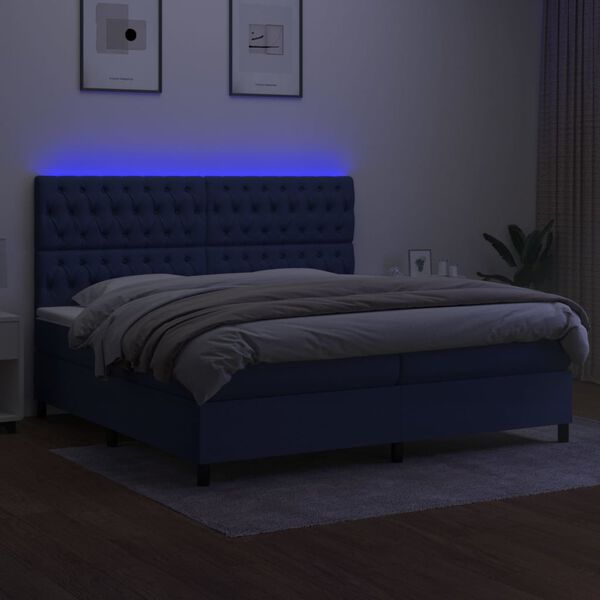 vidaXL Box spring postel s matrac&iacute; a LED modr&aacute; 200x200 cm textil