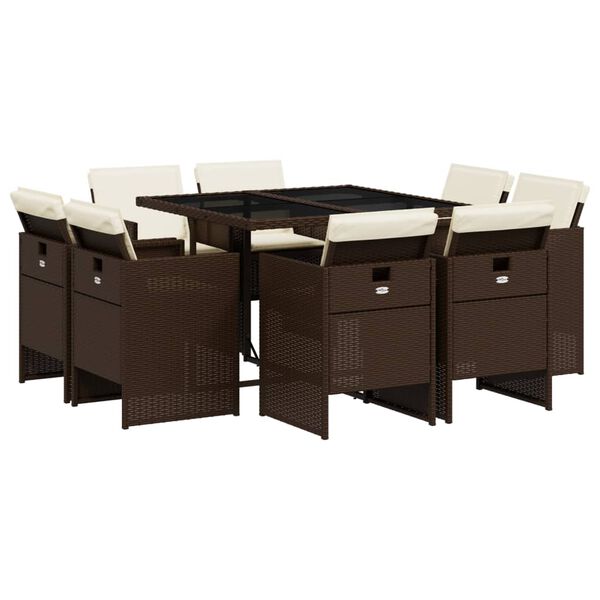 vidaXL 9d&iacute;ln&yacute; zahradn&iacute; j&iacute;deln&iacute; set s podu&scaron;kami hněd&yacute; polyratan