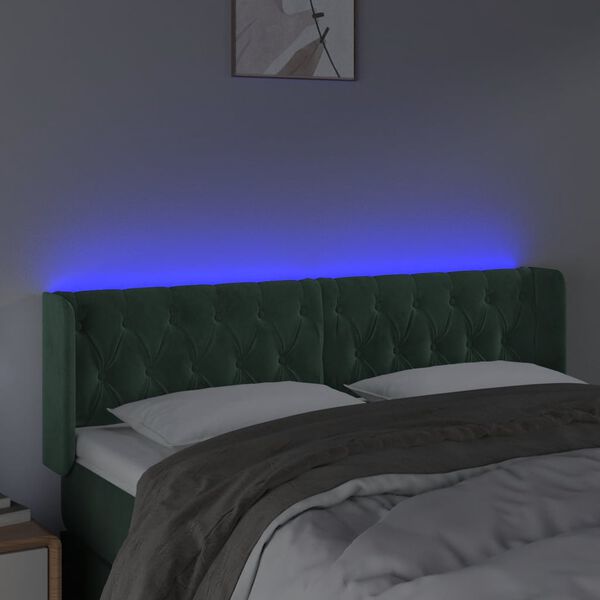 vidaXL Čelo postele s LED tmavě zelen&eacute; 147 x 16 x 78/88 cm samet