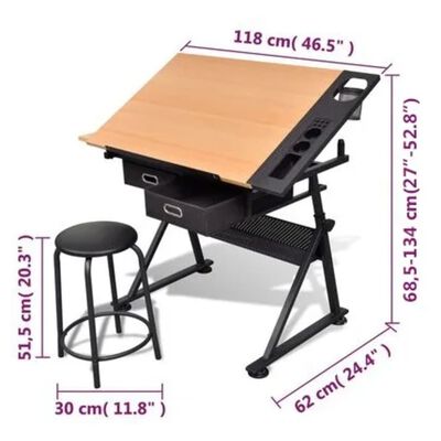 vidaXL Kreslící stůl sklopný se dvěma zásuvkami a stoličkou