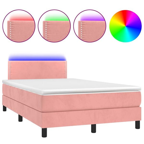 vidaXL Box spring postel s matrac&iacute; a LED růžov&aacute; 120 x 190 cm samet