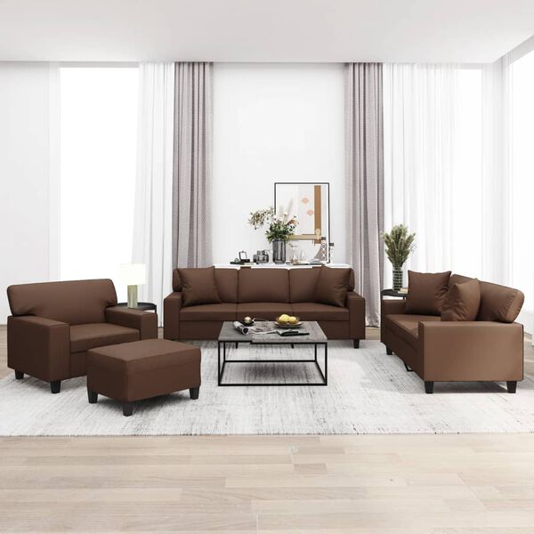 vidaXL 4d&iacute;ln&aacute; sedac&iacute; souprava s pol&scaron;t&aacute;ři a podu&scaron;kami hněd&aacute; uměl&aacute; kůže