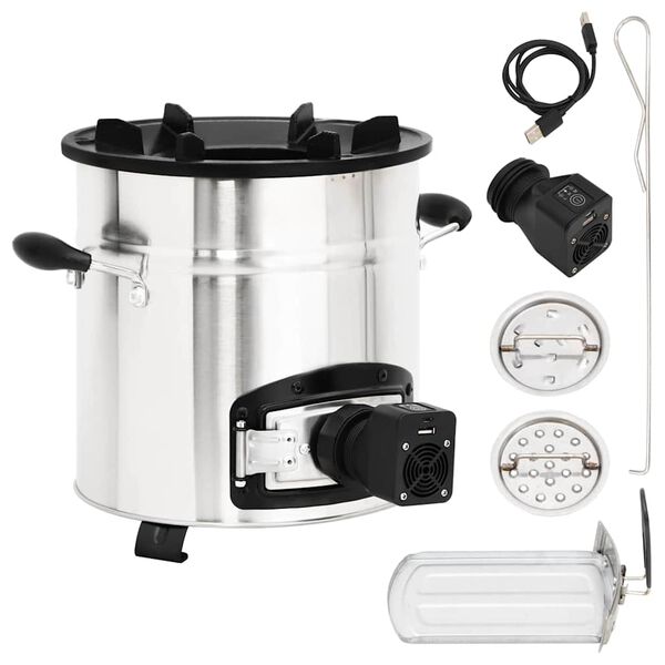 vidaXL Vařič na dřevo s USB ventilátorem stříbrný 35,5x26x28 cm ocel