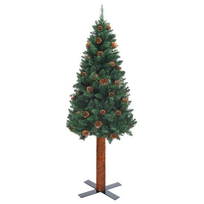 vidaXL Úzký vánoční stromeček s LED pravé dřevo a šišky zelený 150 cm