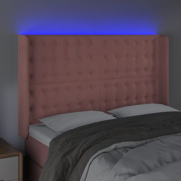 vidaXL Čelo postele s LED růžov&eacute; 147 x 16 x 118/128 cm samet