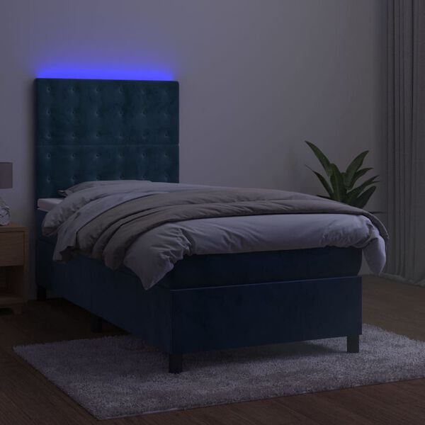 vidaXL Box spring postel s matrac&iacute; a LED tmavě modr&aacute; 90x200 cm samet