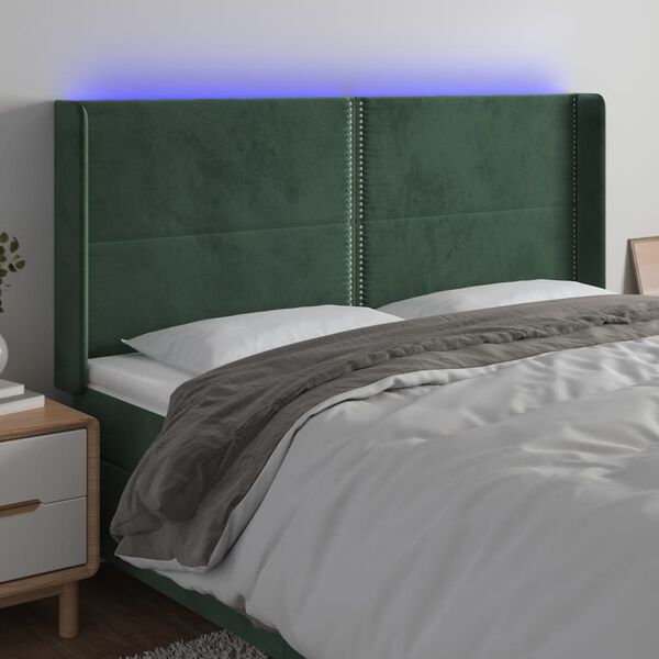 vidaXL Čelo postele s LED tmavě zelen&eacute; 163 x 16 x 118/128 cm samet