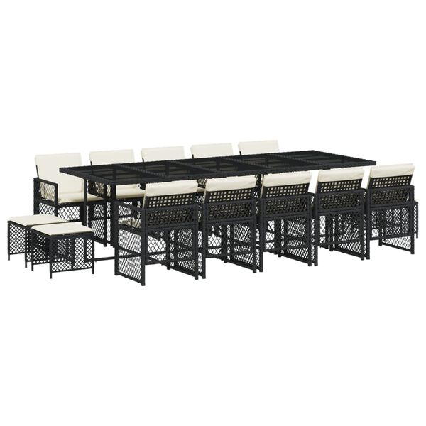 vidaXL 15d&iacute;ln&yacute; zahradn&iacute; j&iacute;deln&iacute; set s podu&scaron;kami čern&yacute; polyratan