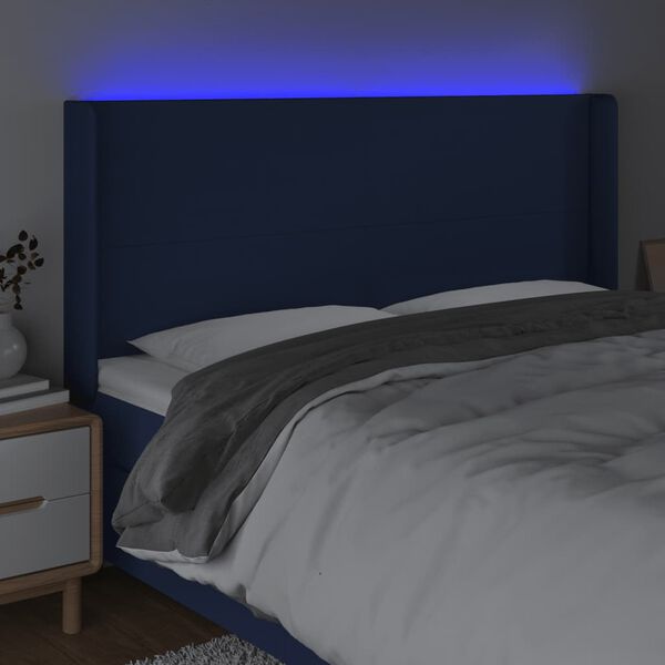 vidaXL Čelo postele s LED modr&eacute; 163 x 16 x 118/128 cm textil